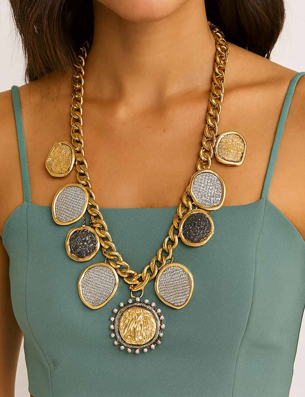 Ladies Chic Geometric Badge Coin Pendant Necklace