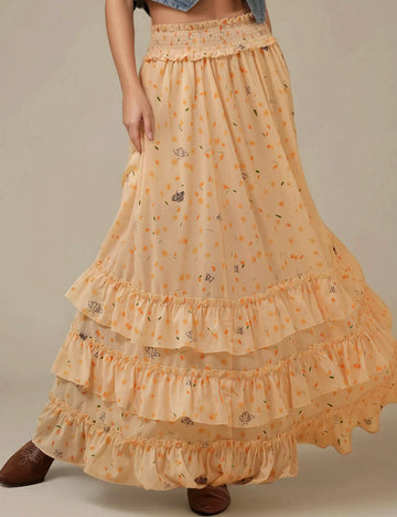 Ladies Floarl Chiffon Citrus Bloom Ruffle Maxi Skirt SKST5M5S