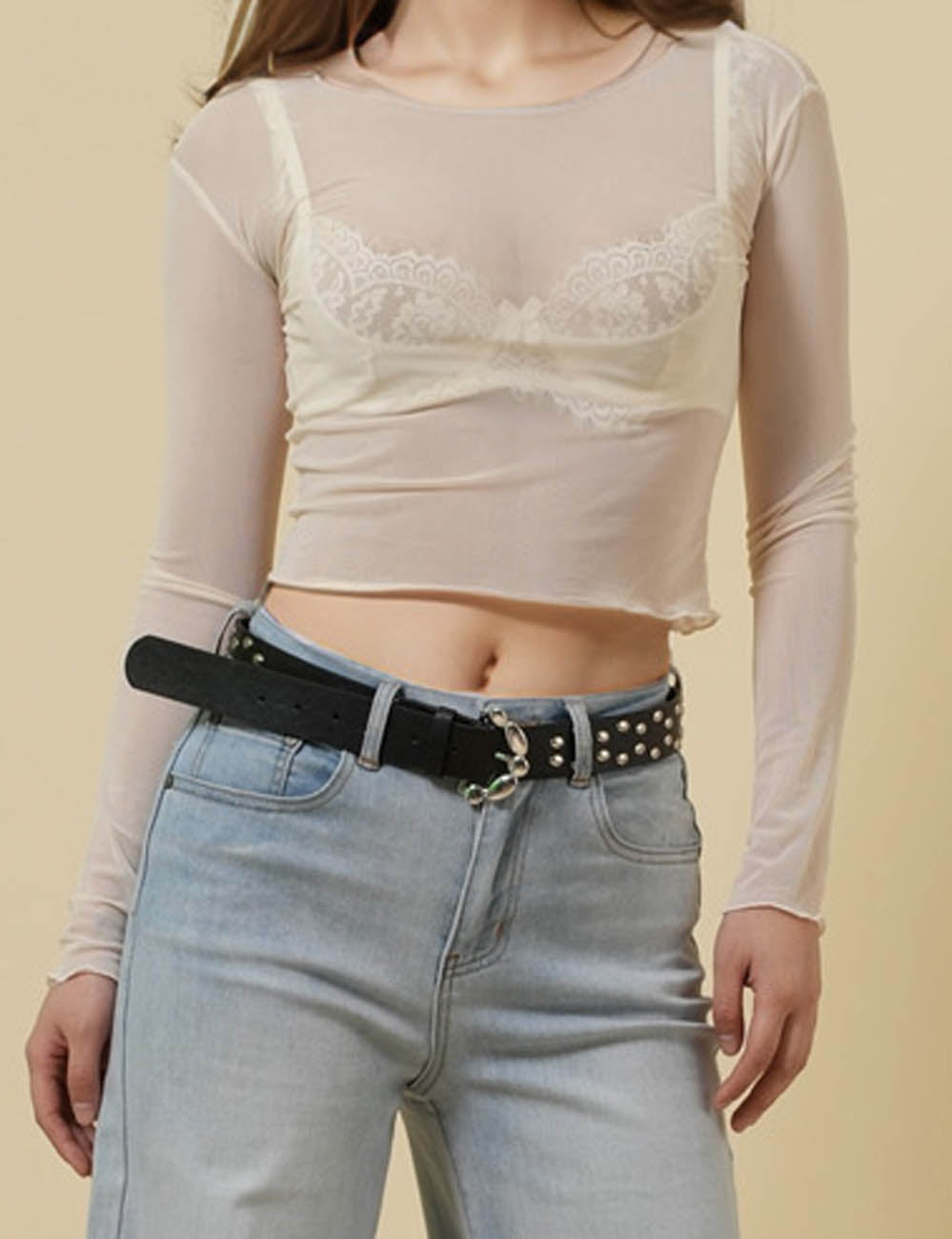 Ladies Solid Color See Sheer Mesh Crop Layring Top SKT41336