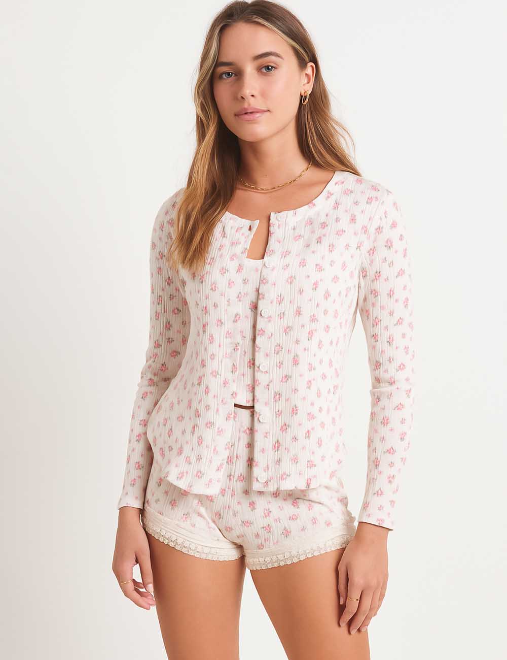 Ladies Floral Cami Top & Button Cardigan & Lace Shorts Set