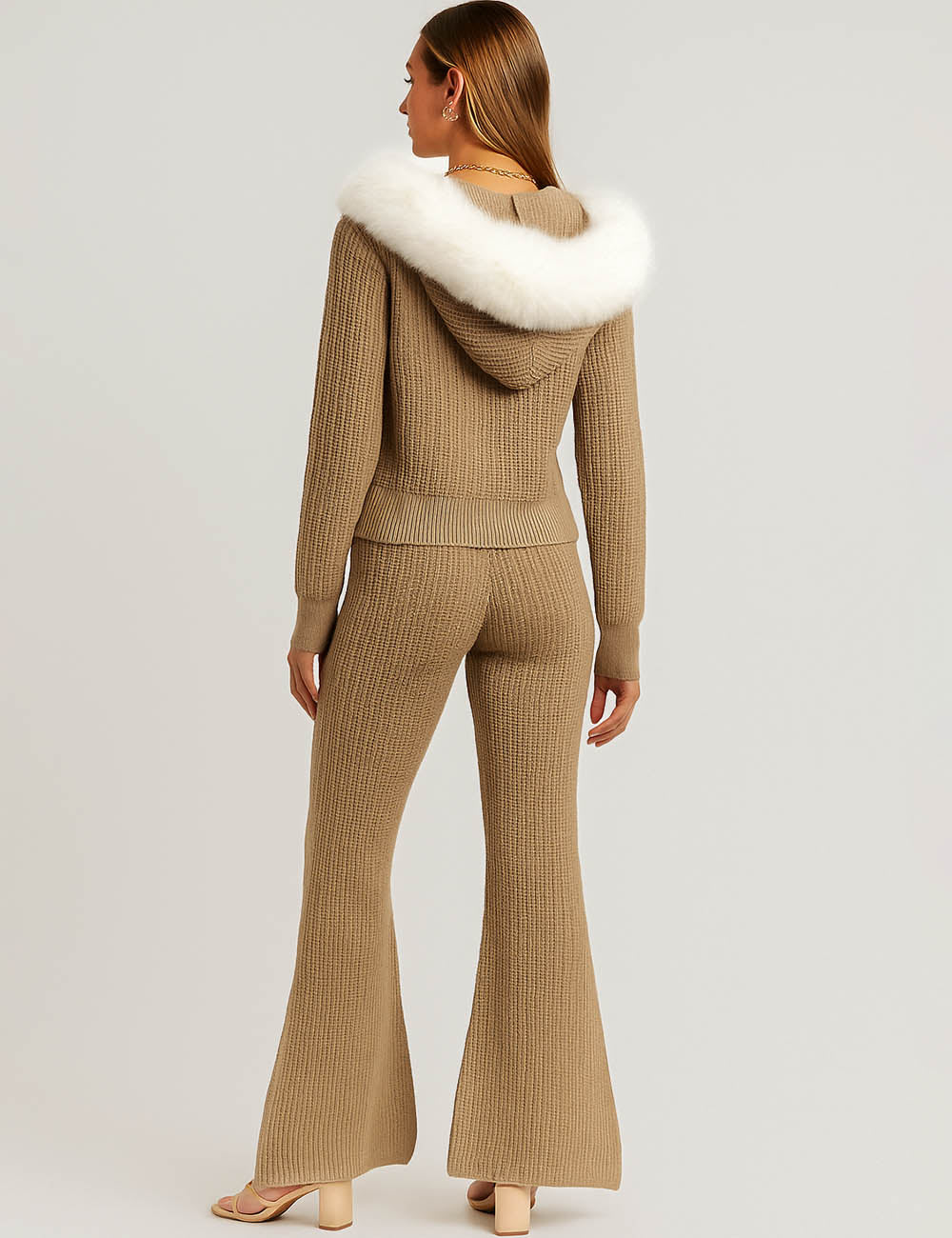 Ladies Rib Knit Faux Fur Hooded Cardigan & Pants Set