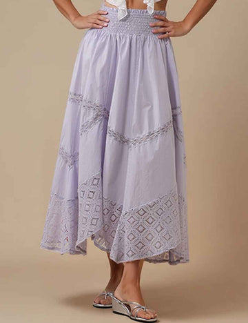 Ladies Solid Color Lace Eyelet Elastic Waist Maxi Skirt