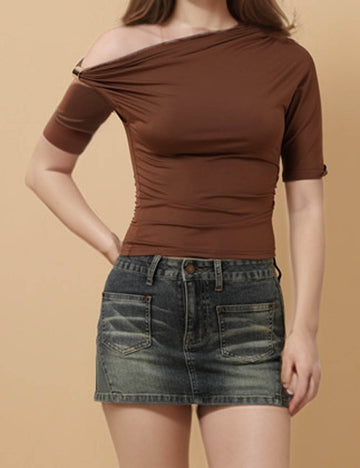 Ladies One Shoulder Ruched Laying Crop Top 8SKT51263