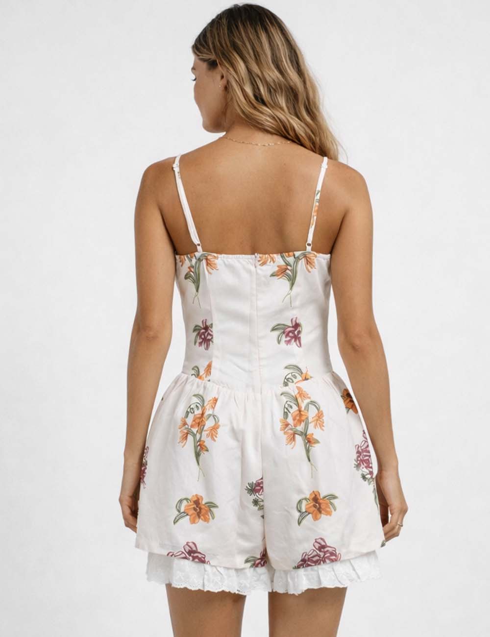 Ladies Floral Print Cami Strap Wide Leg Lace Trim Romper