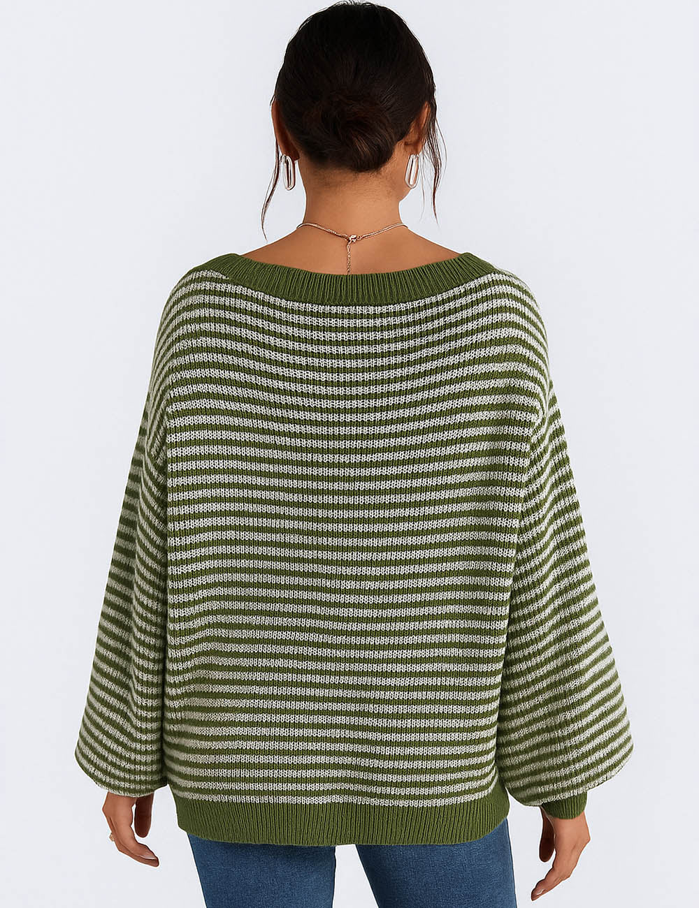 Ladies Striped Pullover Round Neck Lantern Sleeves Knit Sweater