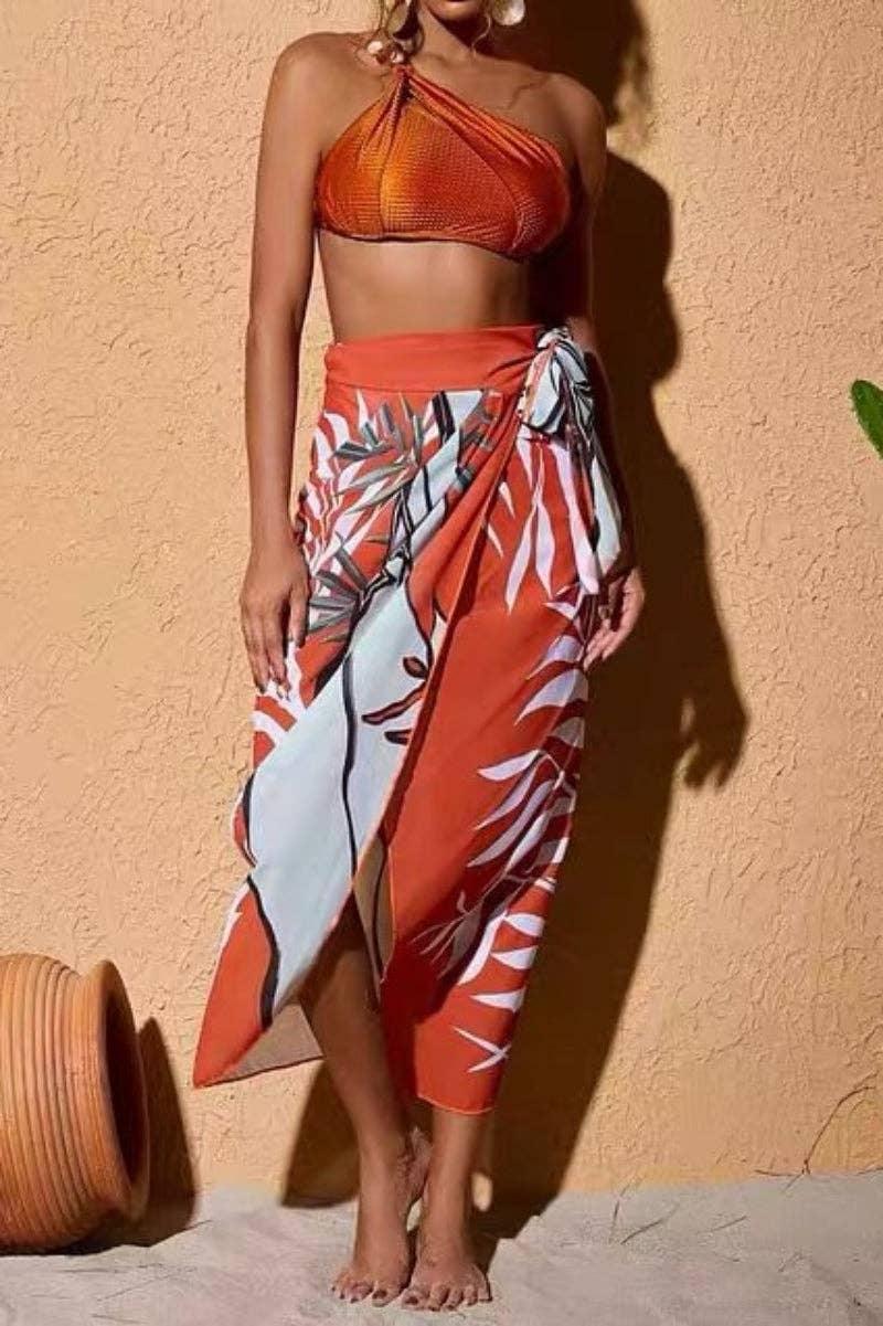 Beads 2PCS Bikini Set with Leaves Print Cover Y305 - SWEETKAMA