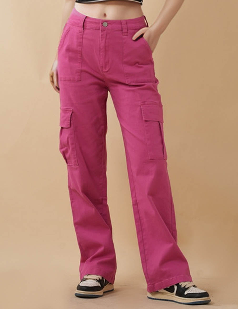 Ladies Cargo Jeans Button Pocket Straight Leg Denim Pants