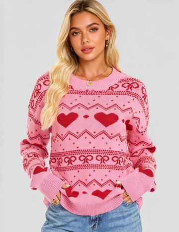 Ladies Valentine's Heart & Bow Pattern Pullover Sweater