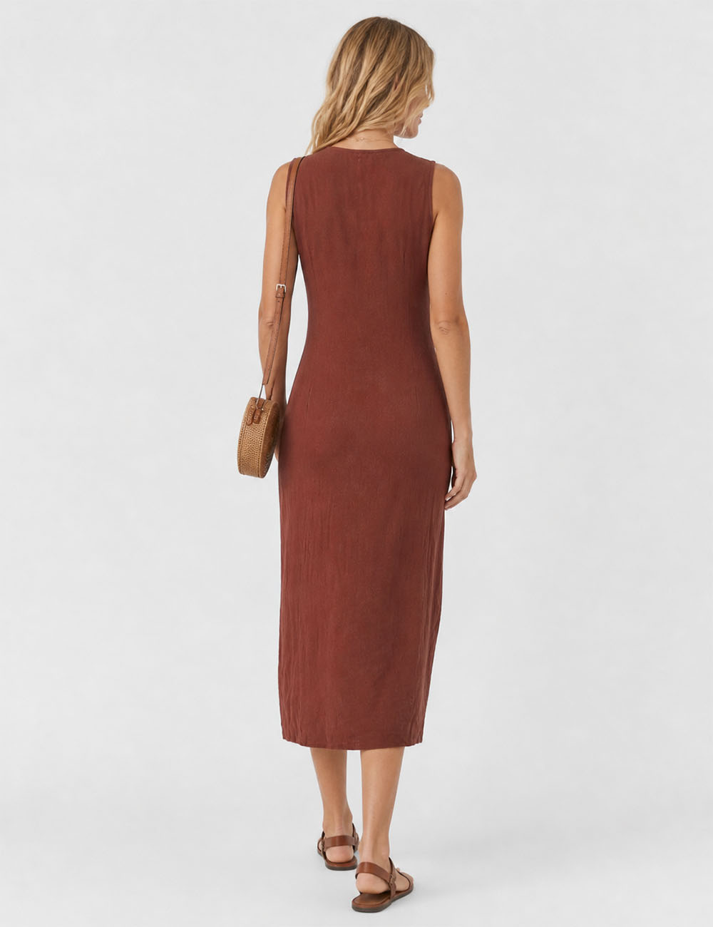 Ladies Chic Solid Color Button Front Sleeveless Midi Dress