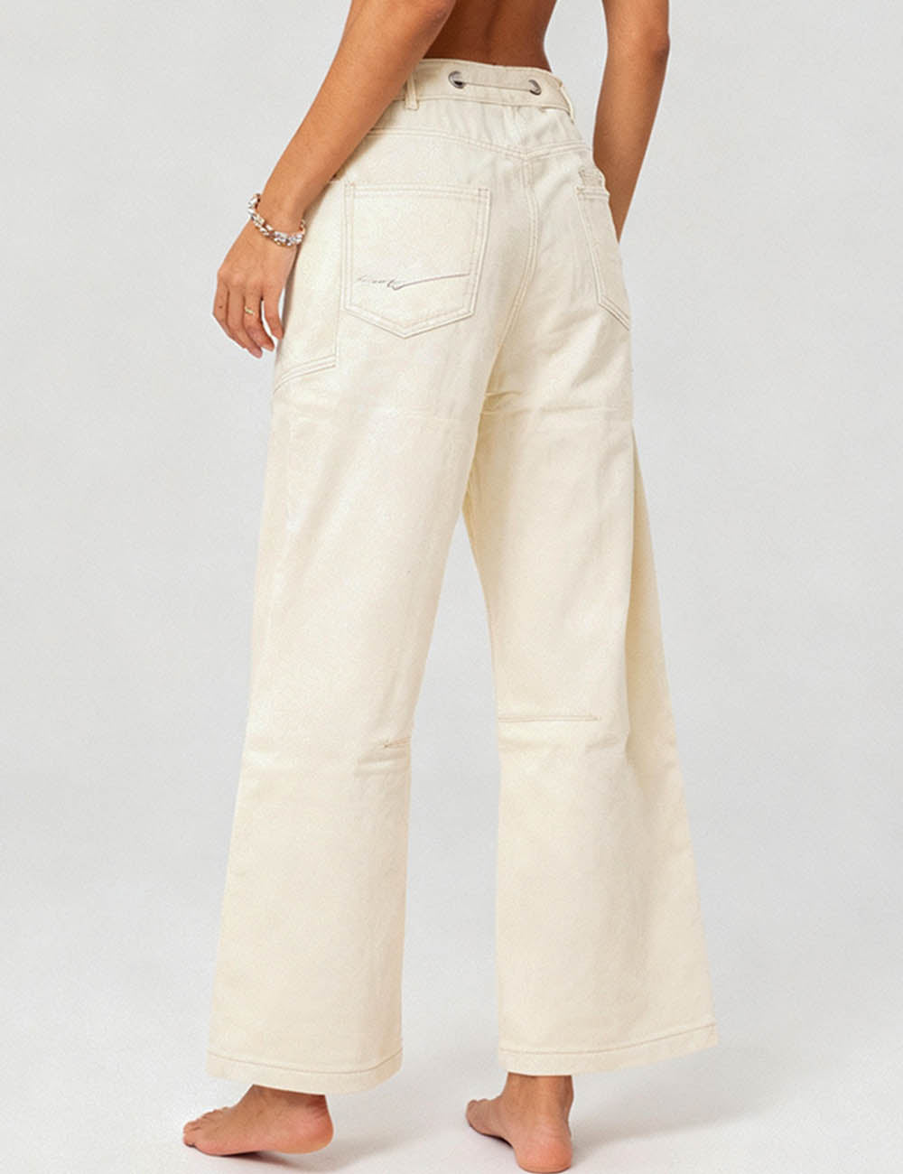 Ladies Distressed Wide Leg Patch Pocket Denim Pants