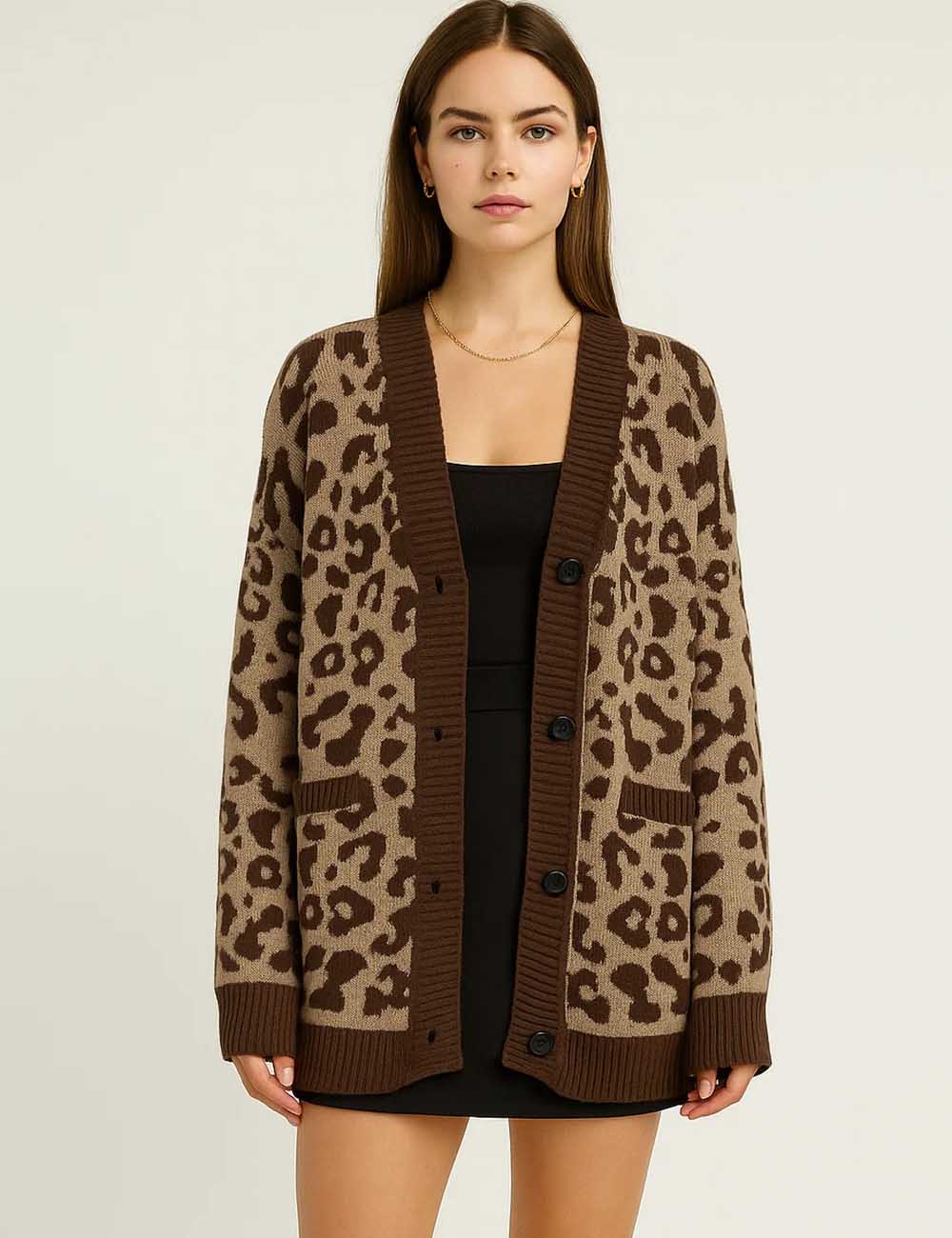 Ladies Leopard V-Neck Long Sleeves Ribbed Knit Sweater Cardigan