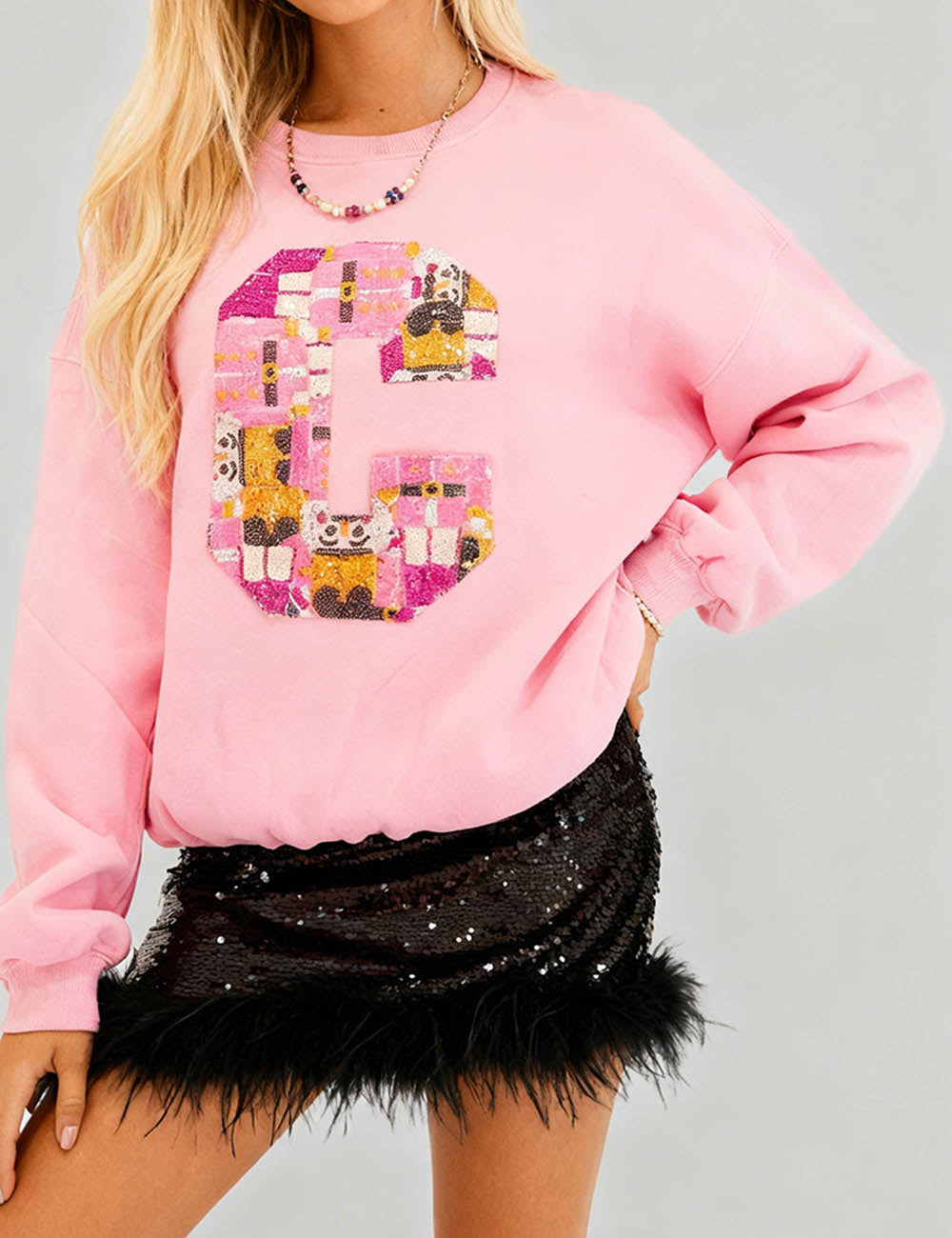 Ladies Letter C Sequin Round Neck Long Sleeves Sweatshirt