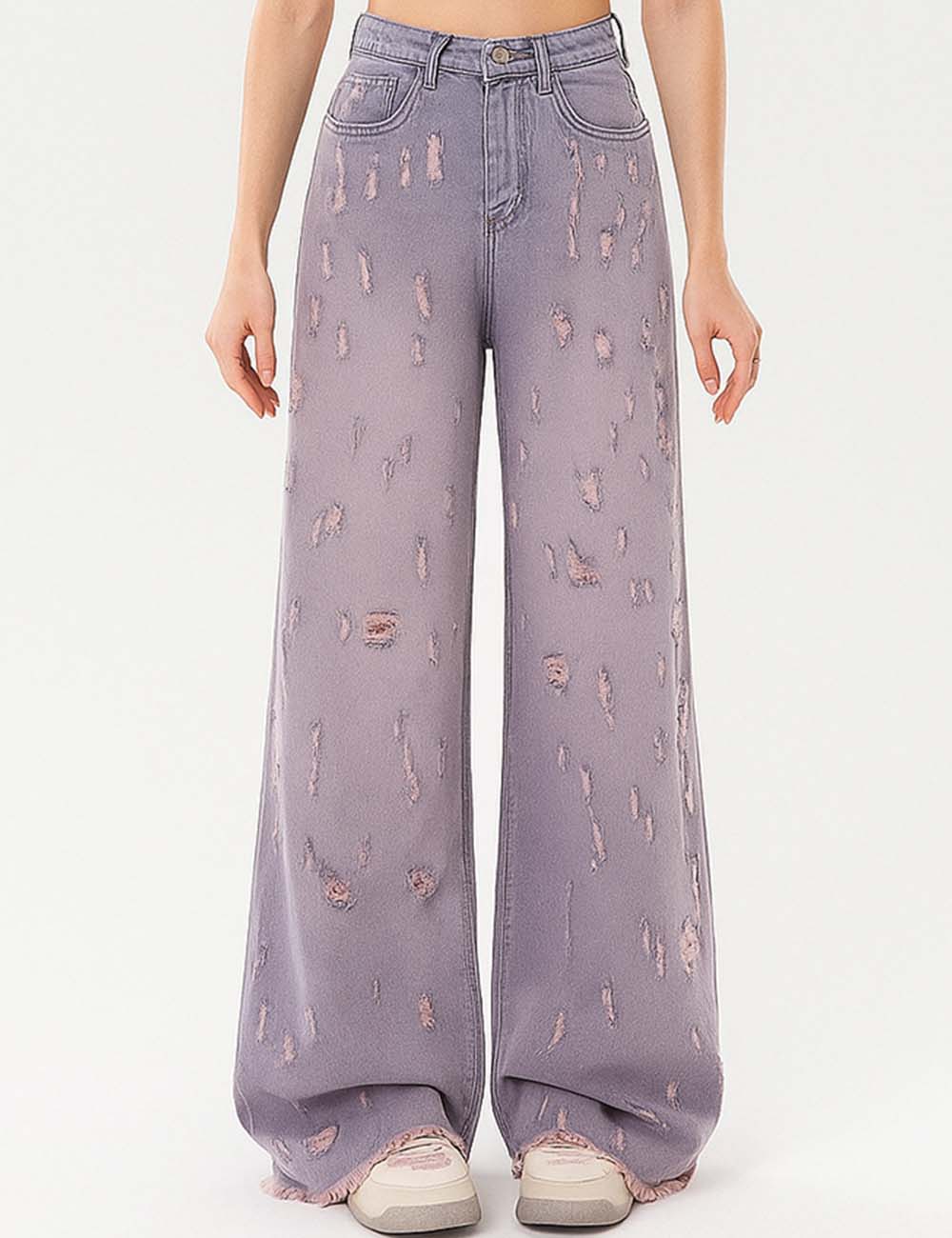 Ladies Distressed Button Closure Wide Leg Denim Pants