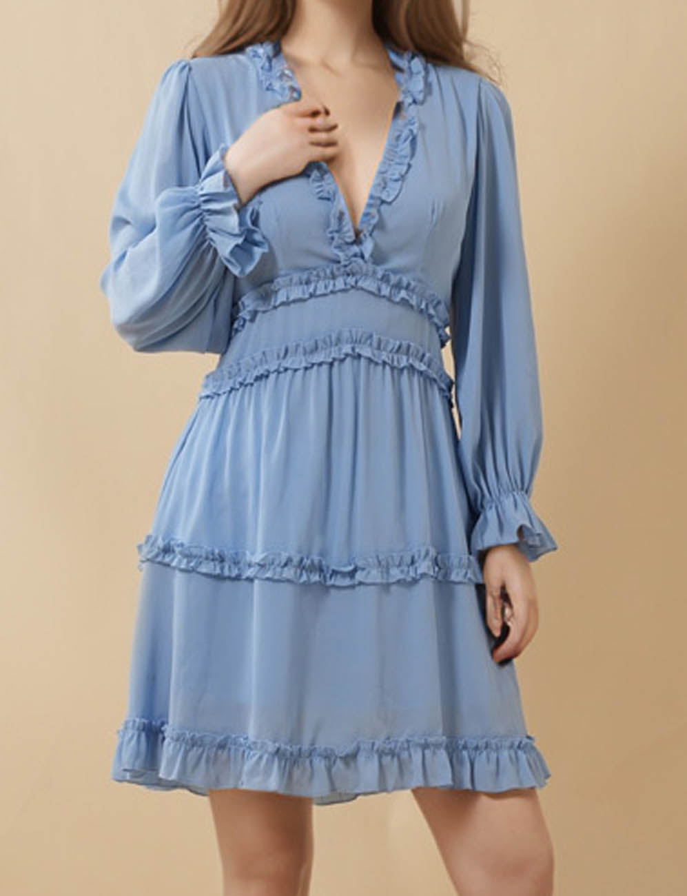 Ladies Deep V-Neck Solid Color Ruffle Long Sleeves Mini Dress
