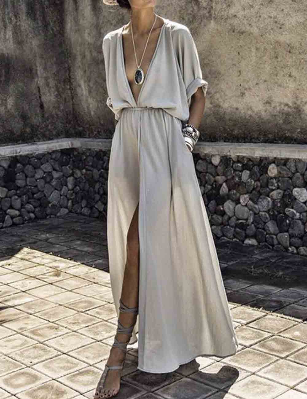 Ladies V-Neck Short Sleeves Front Split Maxi Dress SKD51213