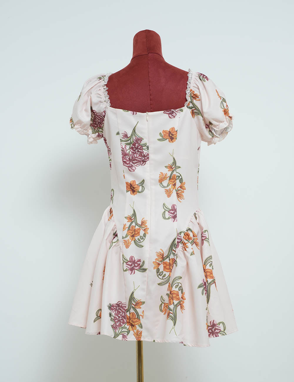 Ladies Floral Print Lace Trim Square Neck Short Sleeves Mini Dress