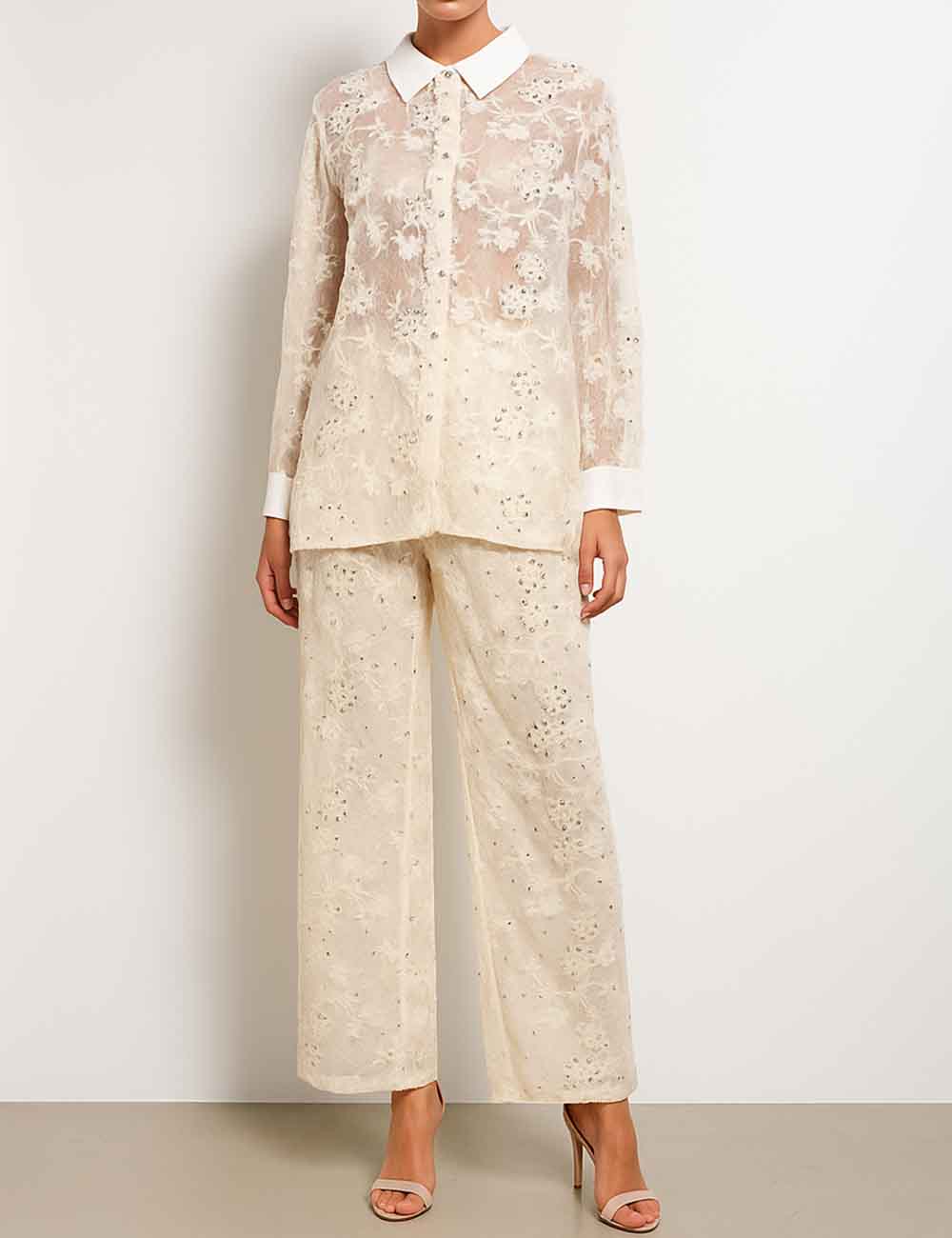 Ladies Embroidery See Through Sequins Beading Shirt & Pants Set
