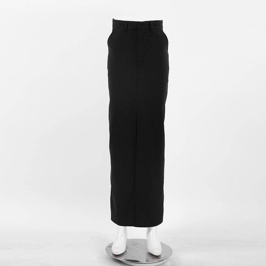 Black High Waist Splice Stright Ladies Long Skirt BSQ10182T - SWEETKAMA