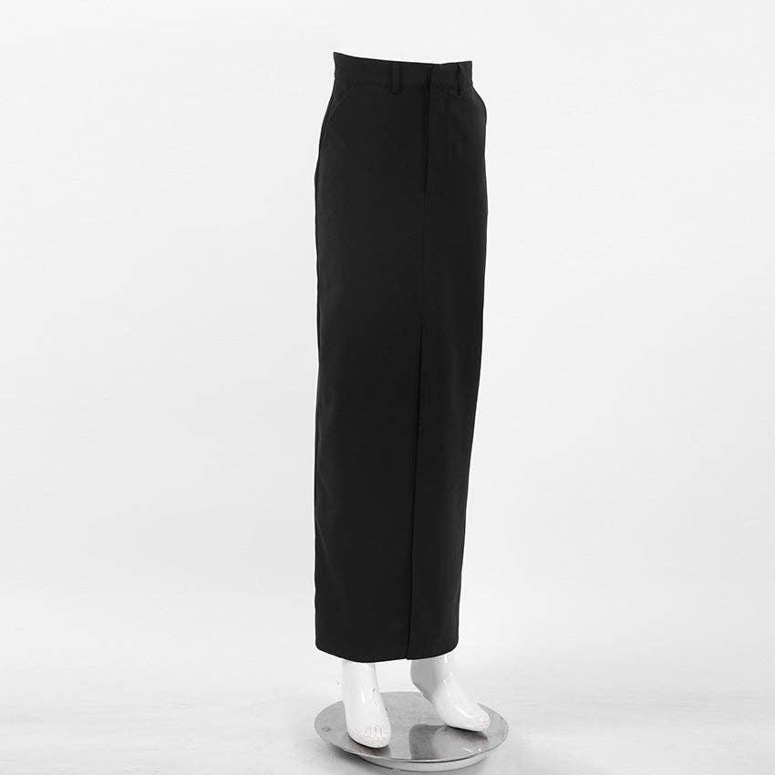 Black High Waist Splice Stright Ladies Long Skirt BSQ10182T - SWEETKAMA