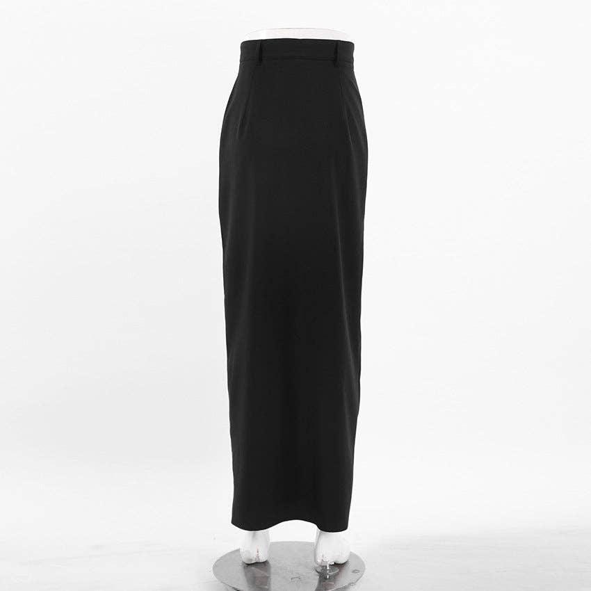 Black High Waist Splice Stright Ladies Long Skirt BSQ10182T - SWEETKAMA
