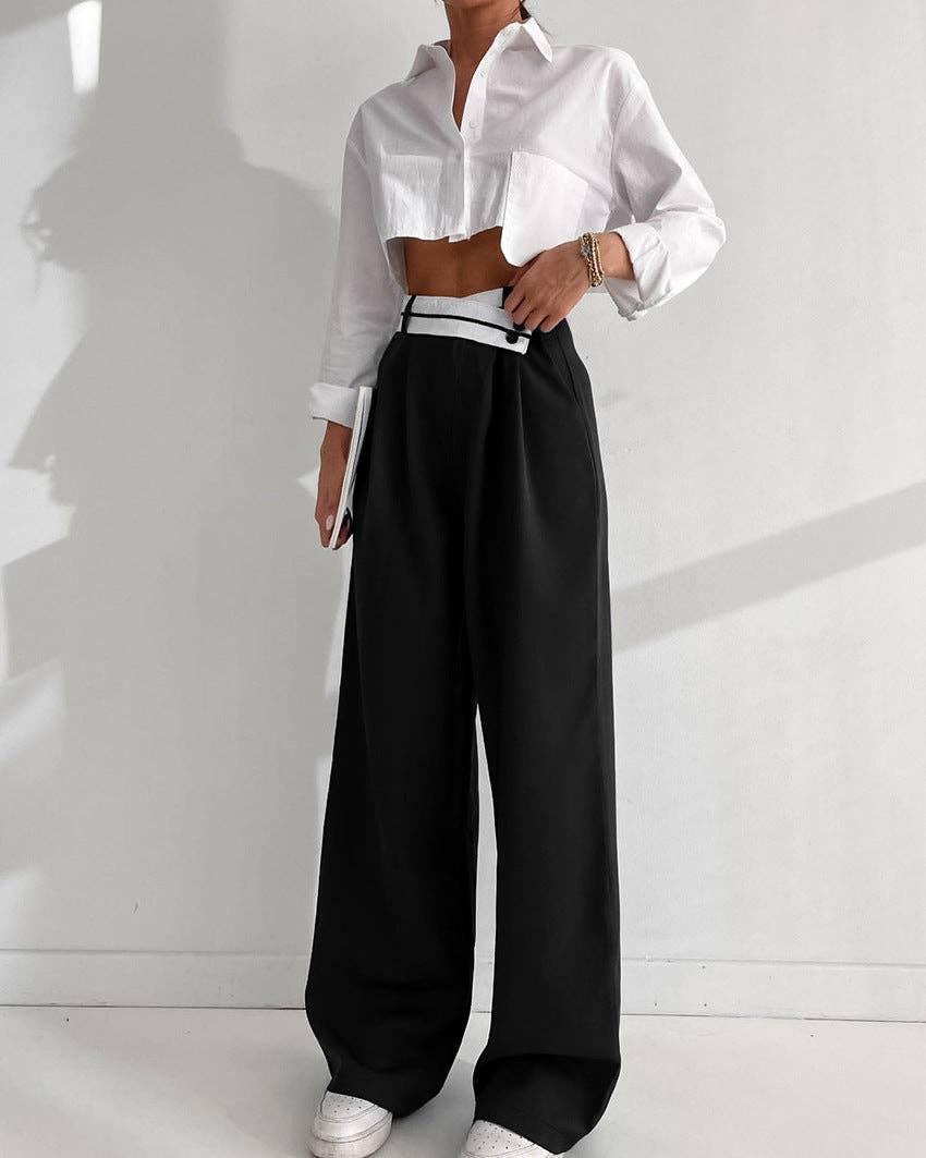 Black Split High Waist Wide Leg Loose Ladies Pants C-K0070 - SWEETKAMA