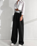 Black Split High Waist Wide Leg Loose Ladies Pants C-K0070 - SWEETKAMA