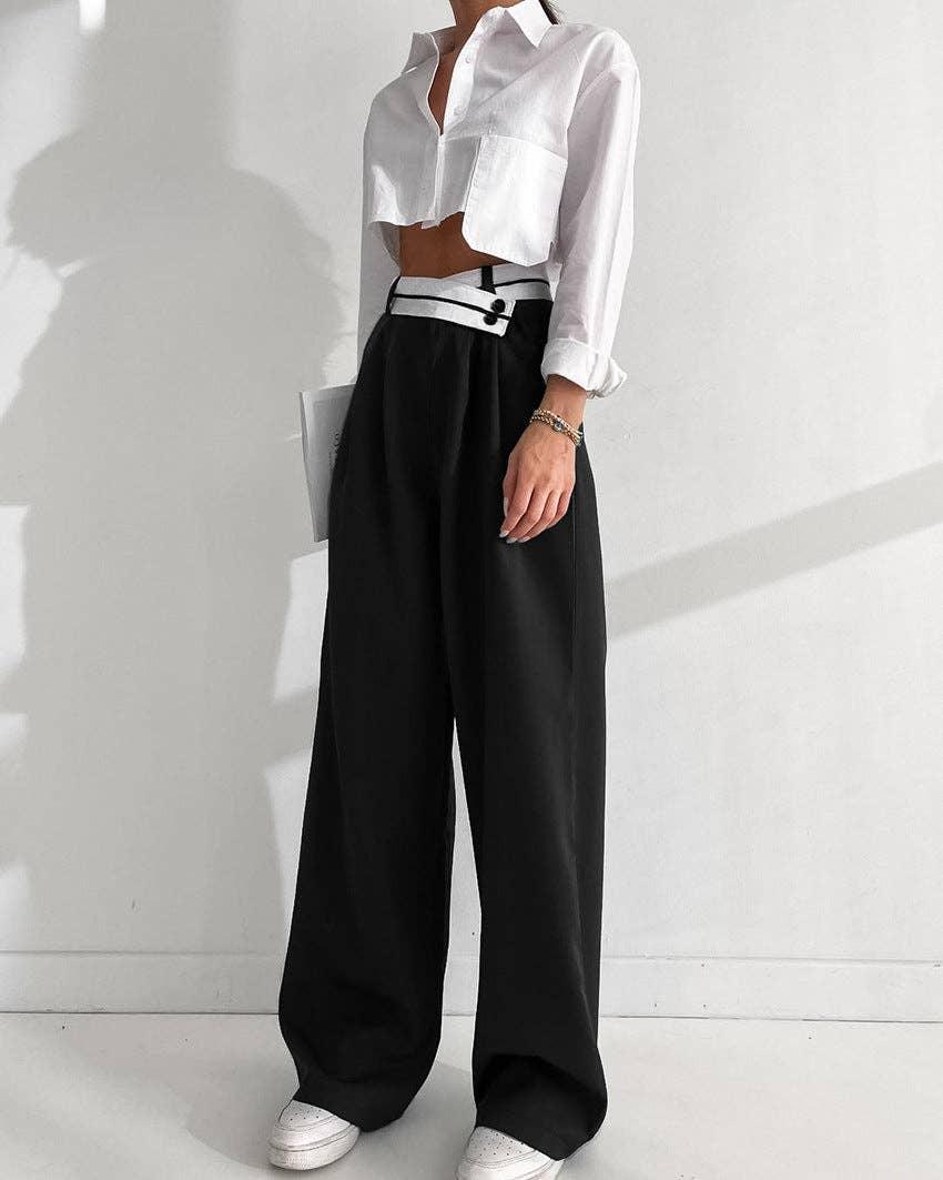 Black Split High Waist Wide Leg Loose Ladies Pants C-K0070 - SWEETKAMA