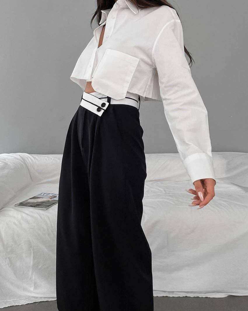 Black Split High Waist Wide Leg Loose Ladies Pants C-K0070 - SWEETKAMA
