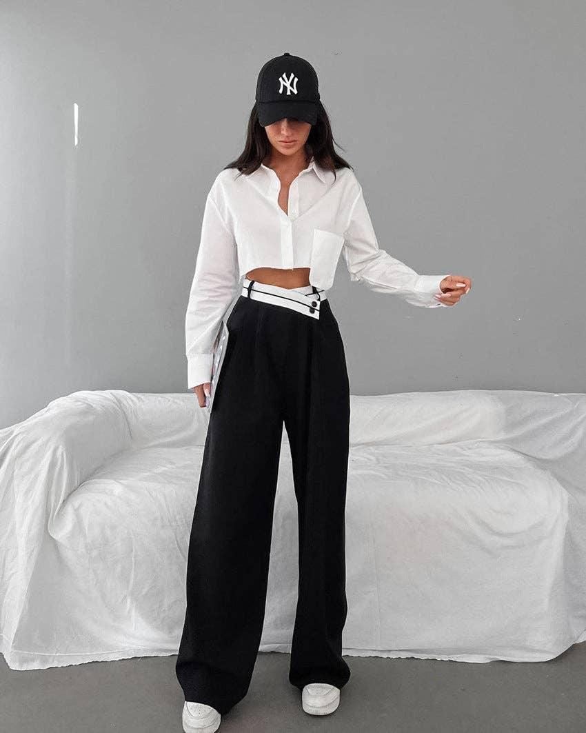 Black Split High Waist Wide Leg Loose Ladies Pants C-K0070 - SWEETKAMA
