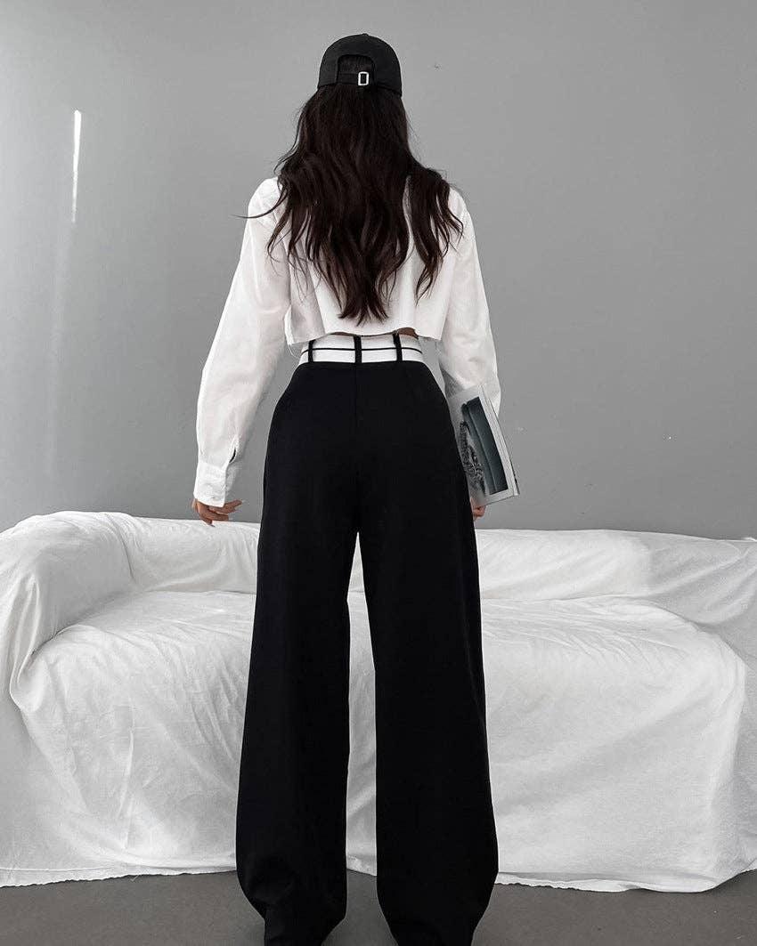Black Split High Waist Wide Leg Loose Ladies Pants C-K0070 - SWEETKAMA