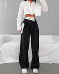 Black Split High Waist Wide Leg Loose Ladies Pants C-K0070 - SWEETKAMA