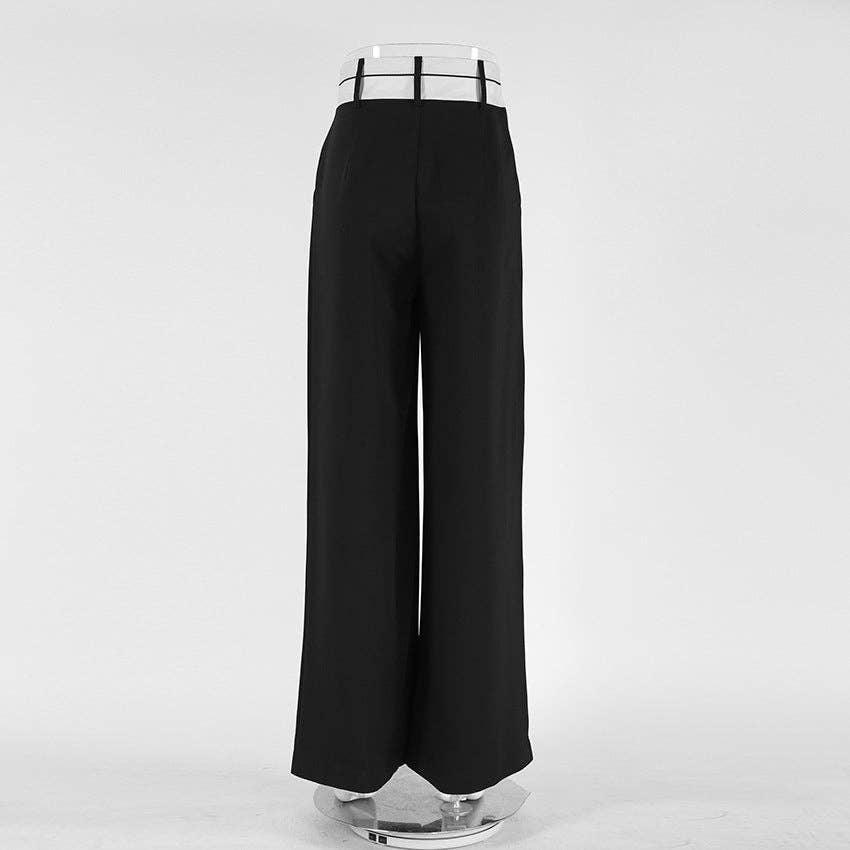Black Split High Waist Wide Leg Loose Ladies Pants C-K0070 - SWEETKAMA