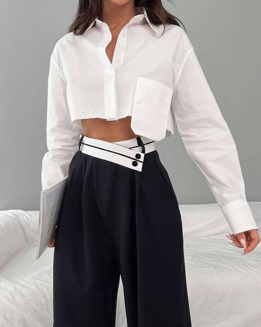 Black Split High Waist Wide Leg Loose Ladies Pants C-K0070 - SWEETKAMA