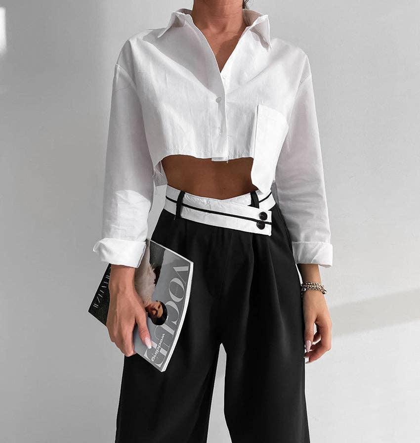 Black Split High Waist Wide Leg Loose Ladies Pants C-K0070 - SWEETKAMA
