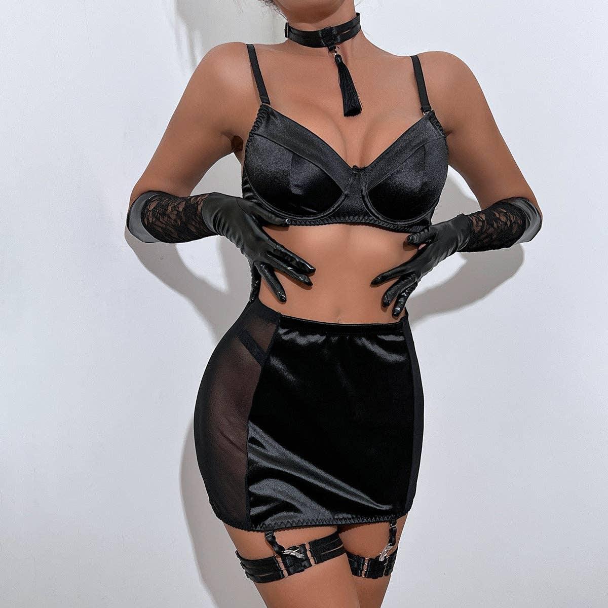 Black Tassels Sexy Lingerie Set with Garter Belt 3068 - SWEETKAMA