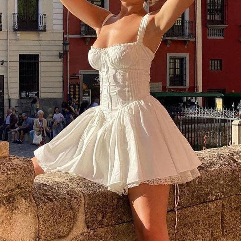 Bowknot Low Chest Girdling Lace Halter Dress 40029A - SWEETKAMA