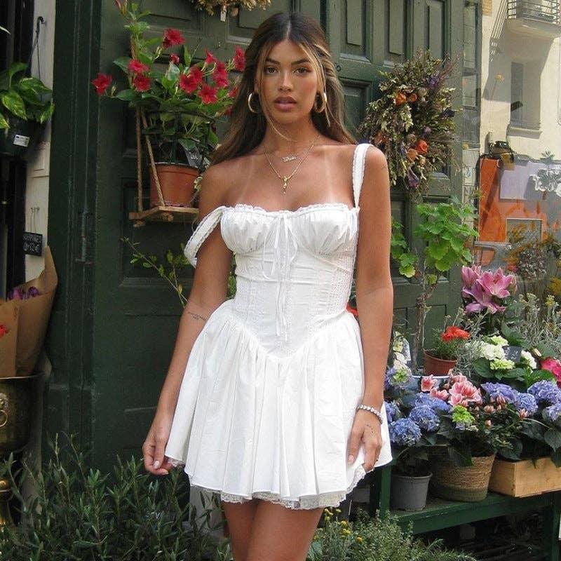 Bowknot Low Chest Girdling Lace Halter Dress 40029A - SWEETKAMA