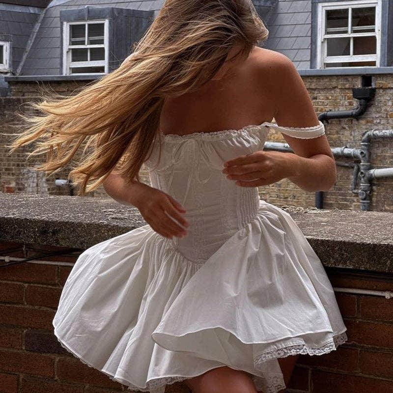 Bowknot Low Chest Girdling Lace Halter Dress 40029A - SWEETKAMA
