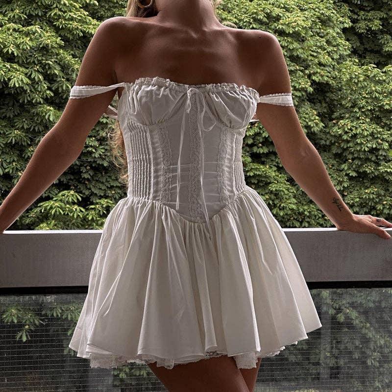 Bowknot Low Chest Girdling Lace Halter Dress 40029A - SWEETKAMA