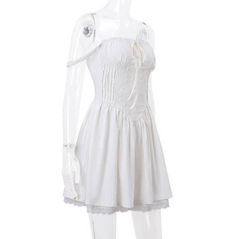 Bowknot Low Chest Girdling Lace Halter Dress 40029A - SWEETKAMA