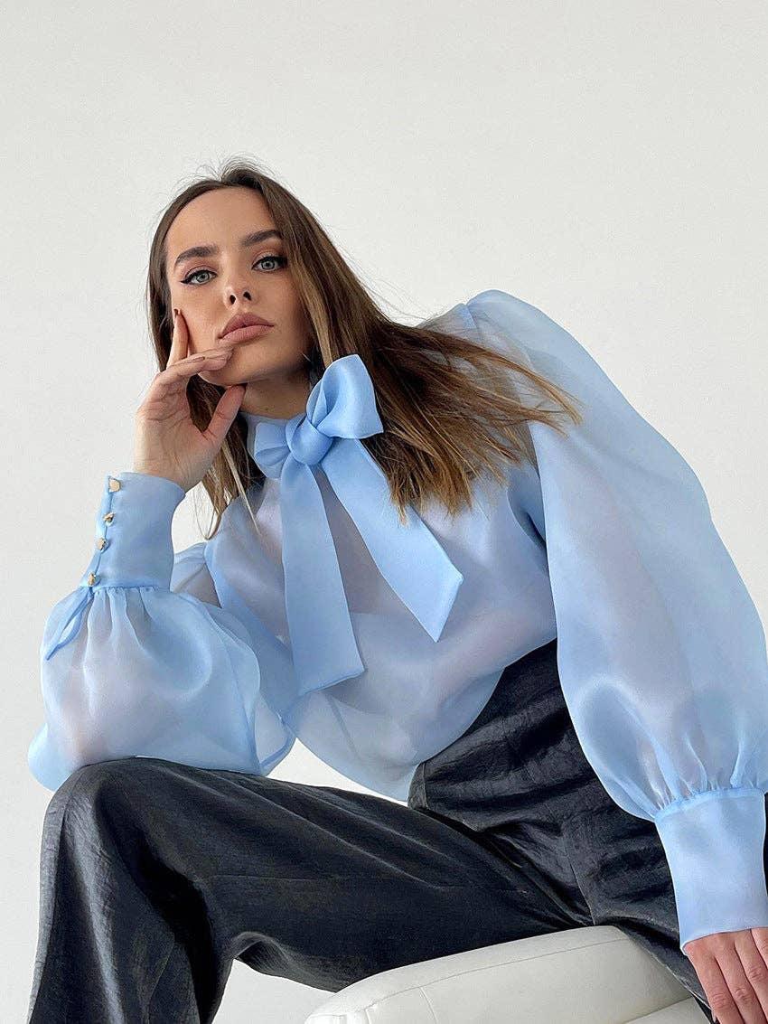 Bowknot Puff Sleeves Loose Ladies Daily Shirt CY0517 - SWEETKAMA