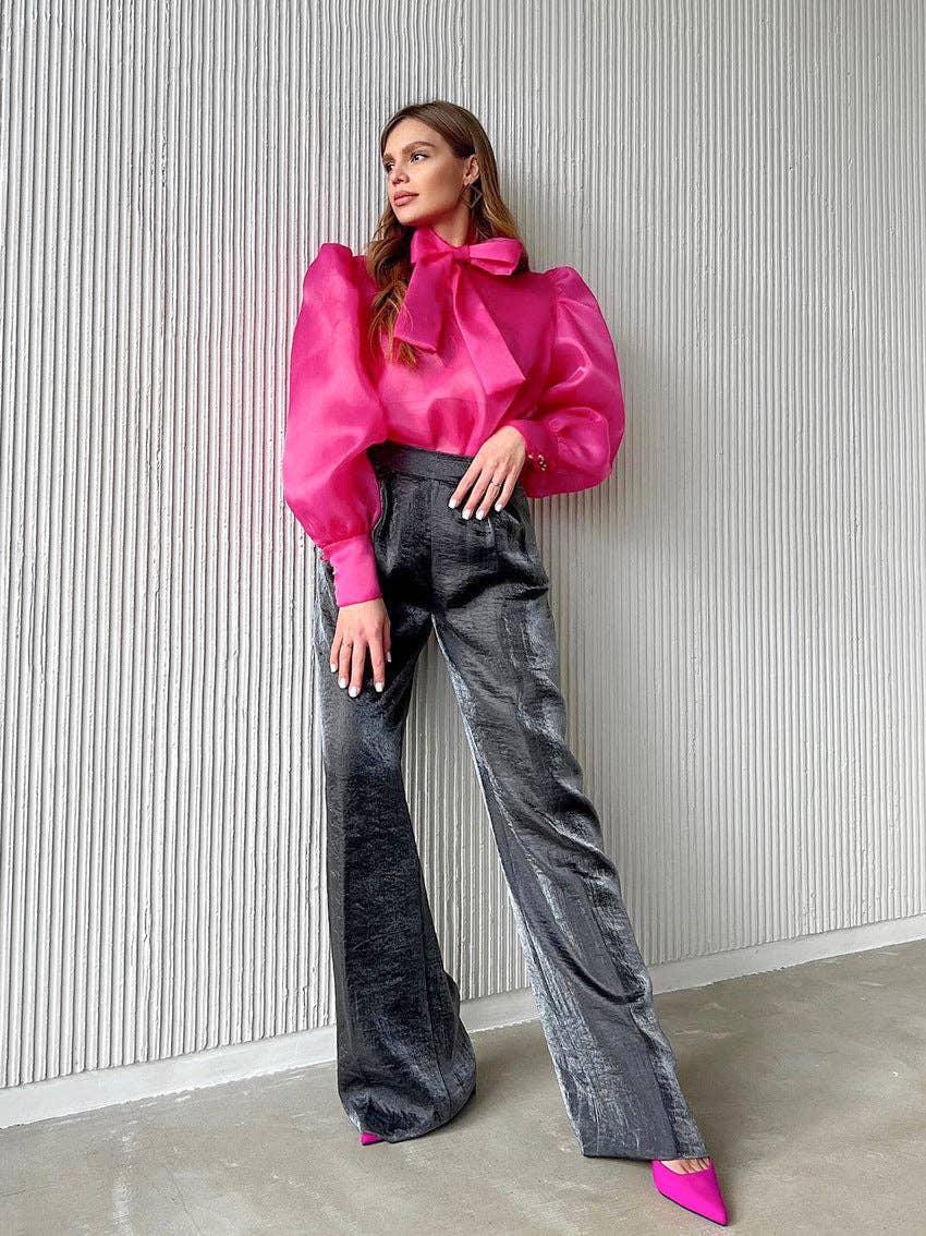 Bowknot Puff Sleeves Loose Ladies Daily Shirt CY0517 - SWEETKAMA
