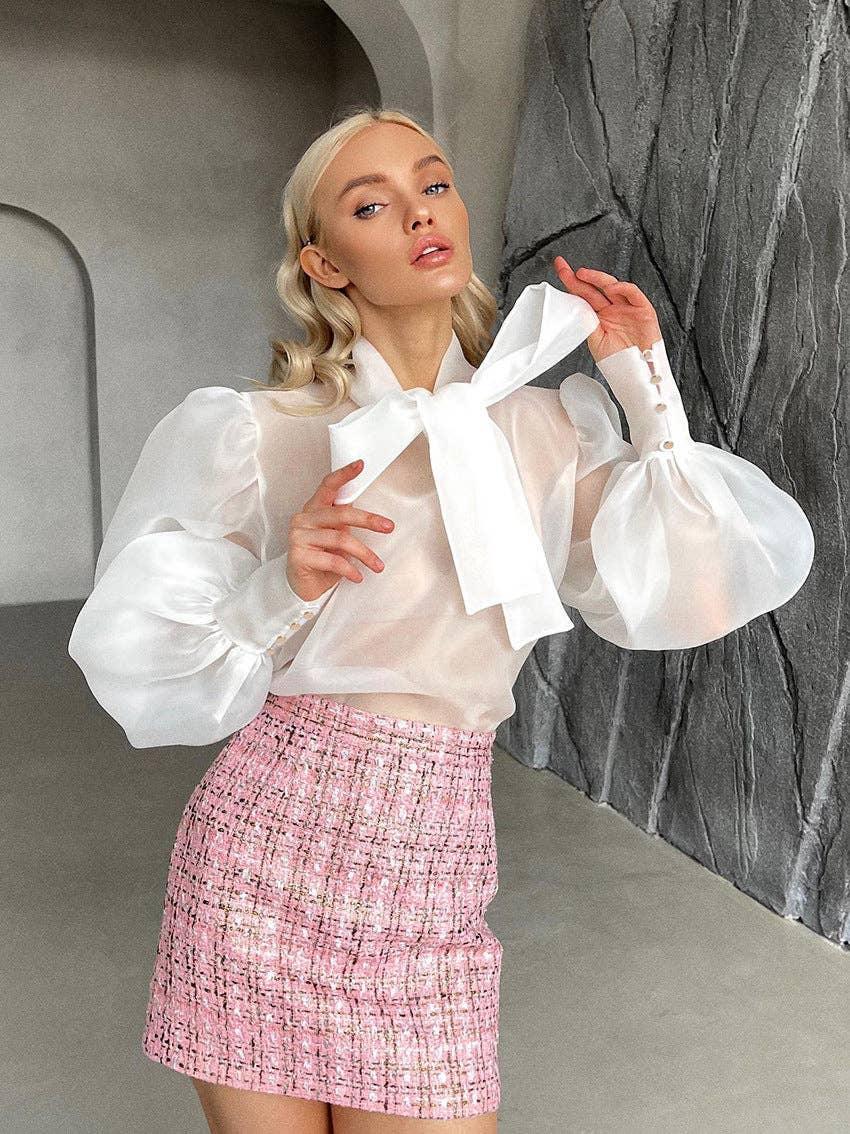 Bowknot Puff Sleeves Loose Ladies Daily Shirt CY0517 - SWEETKAMA