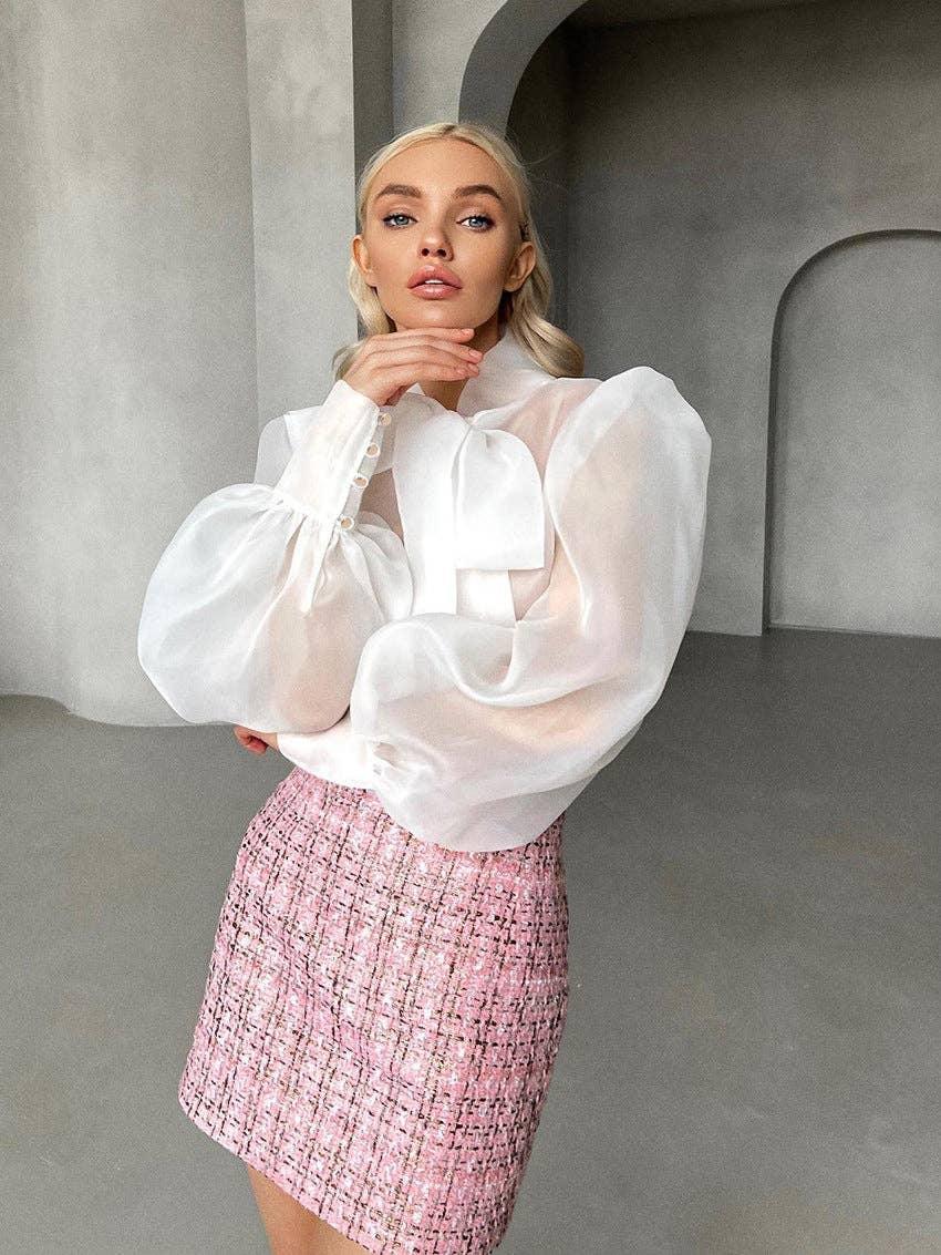 Bowknot Puff Sleeves Loose Ladies Daily Shirt CY0517 - SWEETKAMA