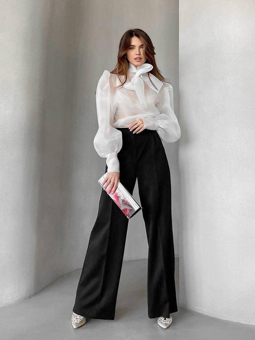 Bowknot Puff Sleeves Loose Ladies Daily Shirt CY0517 - SWEETKAMA