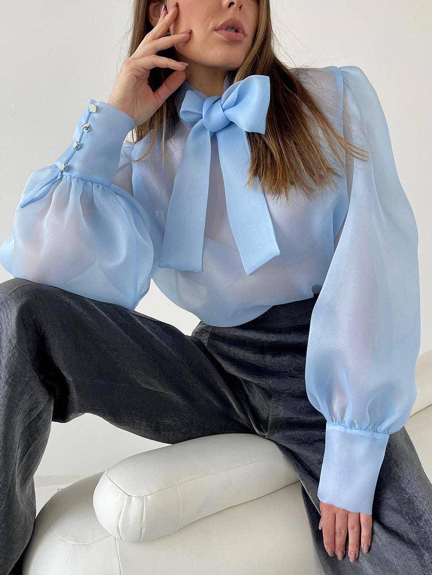 Bowknot Puff Sleeves Loose Ladies Daily Shirt CY0517 - SWEETKAMA