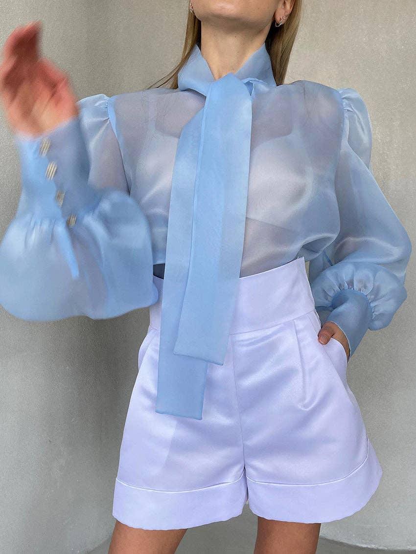 Bowknot Puff Sleeves Loose Ladies Daily Shirt CY0517 - SWEETKAMA