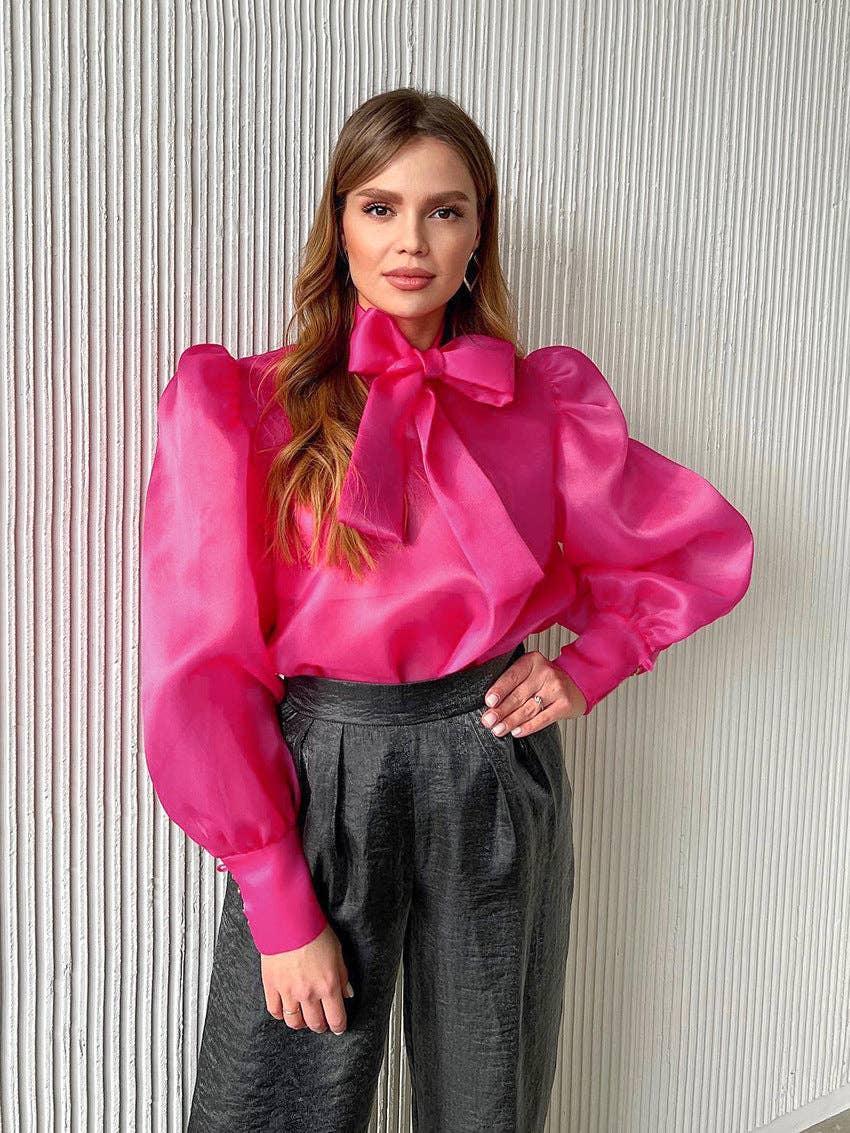 Bowknot Puff Sleeves Loose Ladies Daily Shirt CY0517 - SWEETKAMA