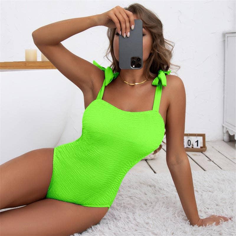 Bowtie Shoulder Solid Color One Piece Swimwear Y06 - SWEETKAMA