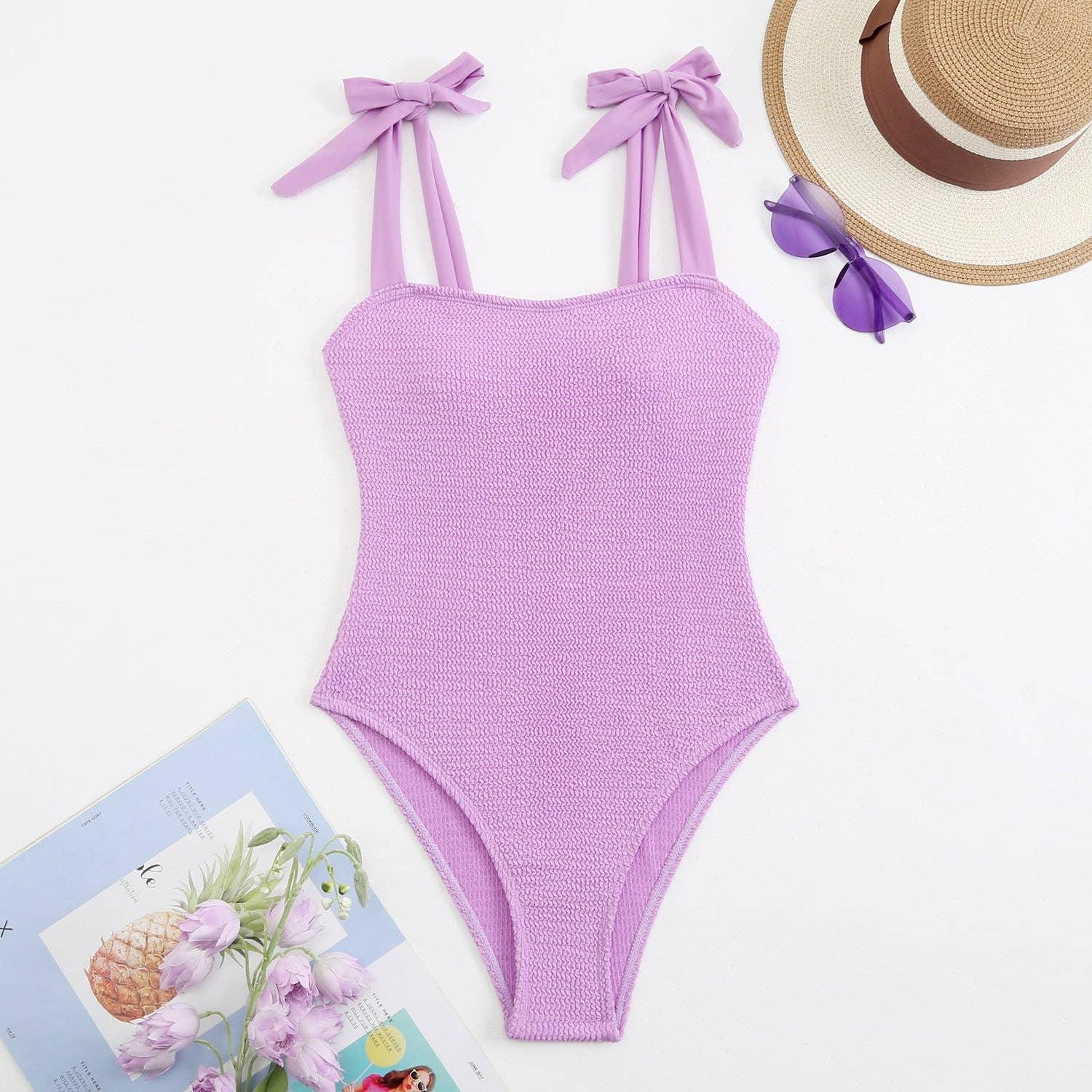 Bowtie Shoulder Solid Color One Piece Swimwear Y06 - SWEETKAMA